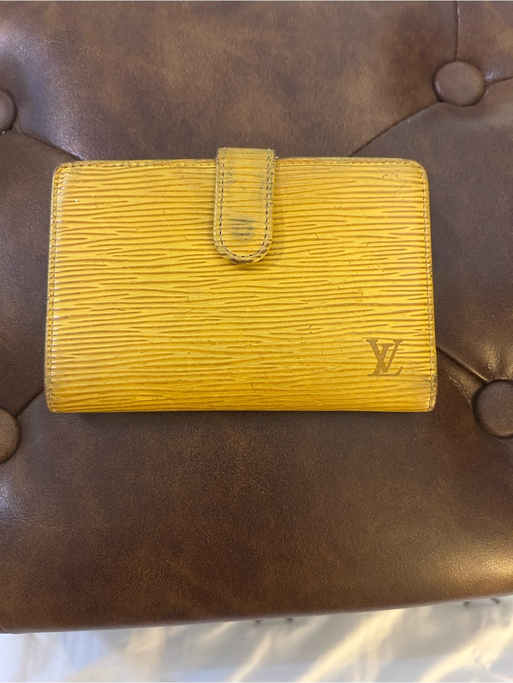 Vintage Louis Vuitton Epi Leather Kiss Lock Wallet in Yellow & Purple
